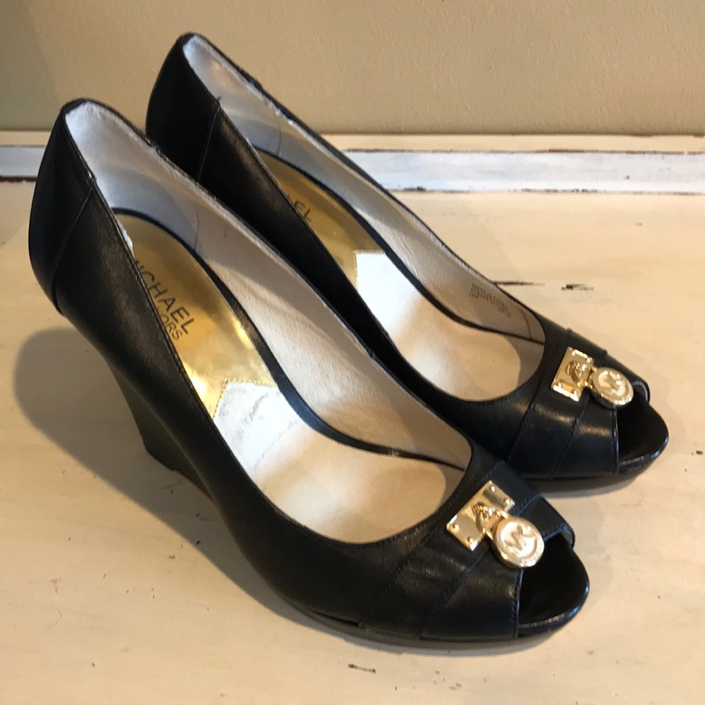 Michael Kors Black Wedges with Gold Accents